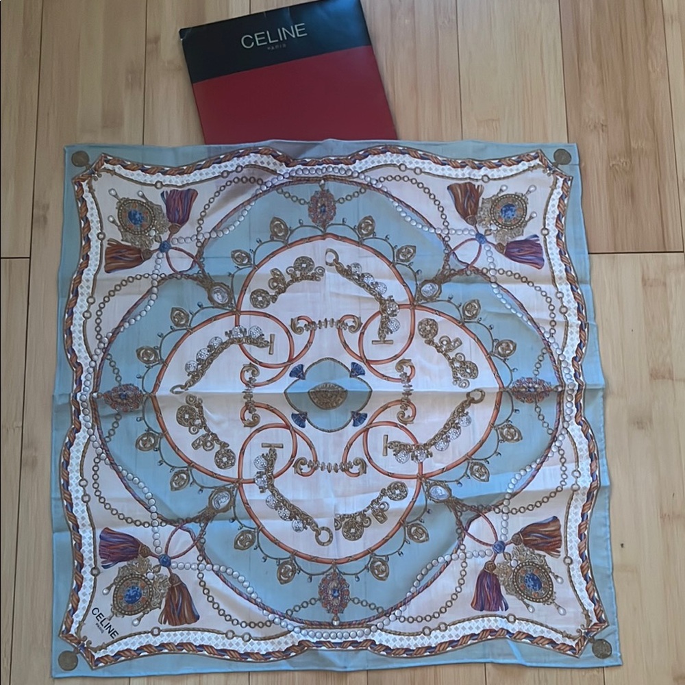 Celine Blue and Gold Silk Scarf 18”x18” - Picture 3 of 8